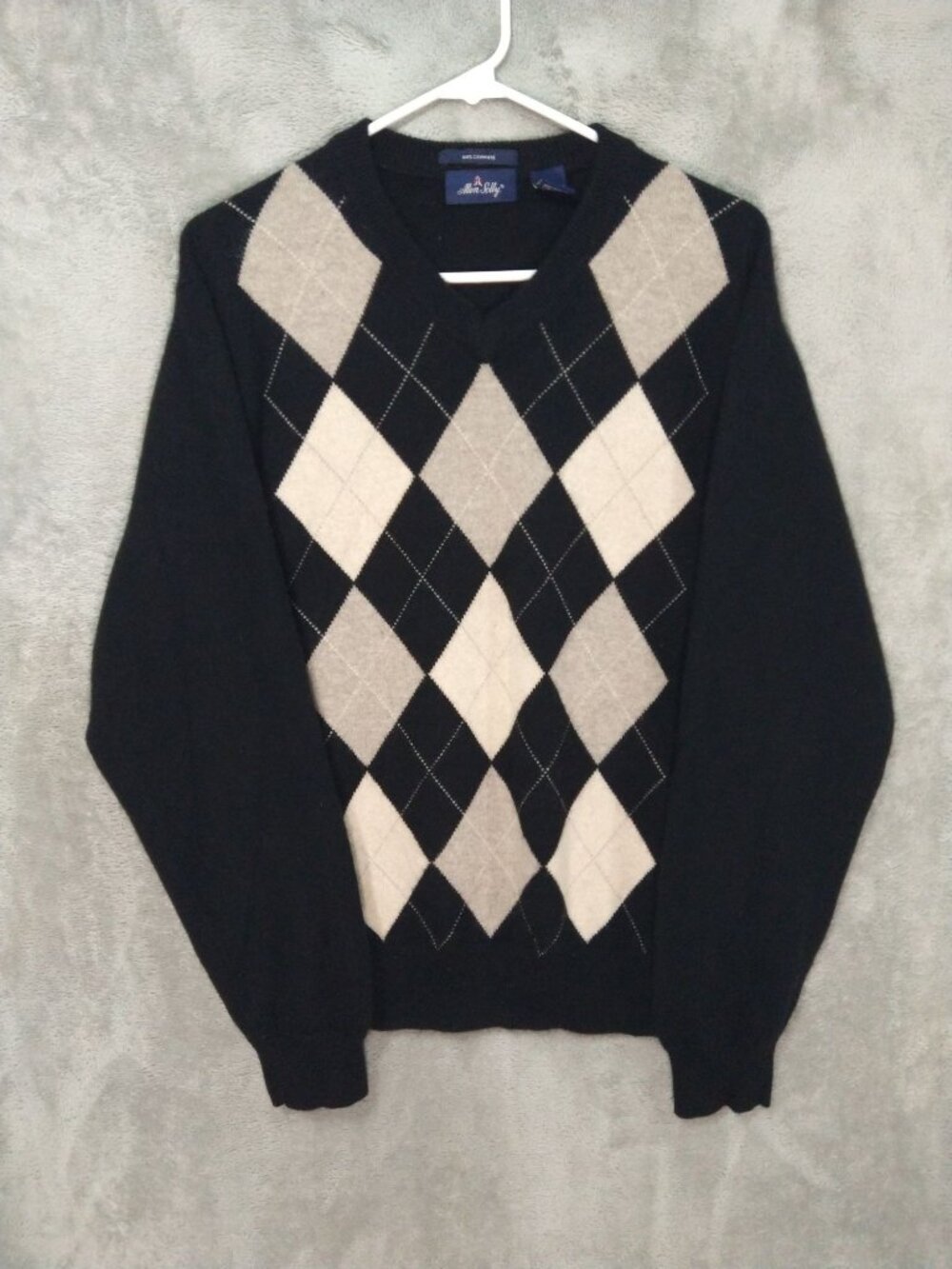 Allen Solly Cashmere Sweater Mens Large Black Argyle V Neck Pullover